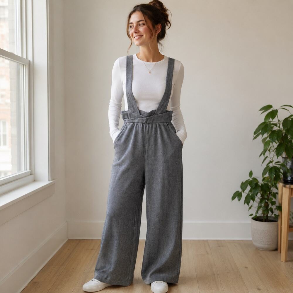 Halara Women’s M Herringbone Wide Leg High Rise Stretch Overall Jumpsuit Black